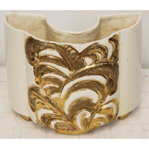 Vtg 1955 Half Circle Planter Vase White Cream Gold Footed Fern Hand Painted